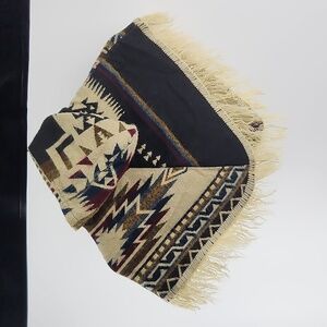 Tribal Patterned Hooded Poncho with Fringe Size 2 Ecuador